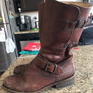 Frye boots, brown leather with buckles